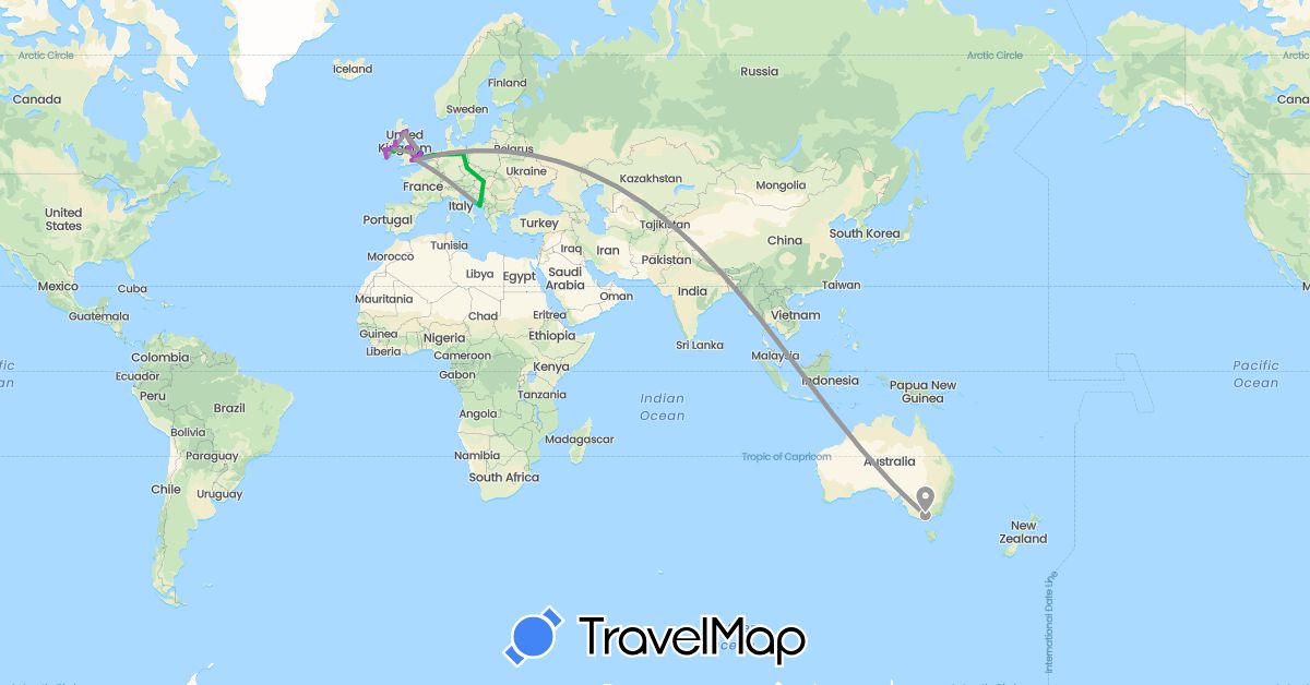 TravelMap itinerary: driving, bus, plane, train, boat in Australia, Bosnia and Herzegovina, Czech Republic, Germany, United Kingdom, Croatia, Hungary, Ireland, Netherlands (Europe, Oceania)